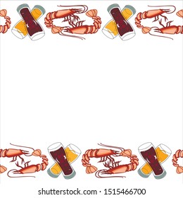 a border of glasses with dark and light beer or another carbonated drink and shrimp