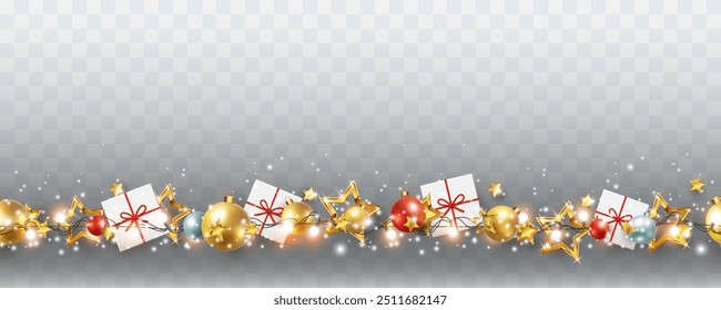 Border with gold stars, red balls, lights isolated on transparent background. Xmas seamless banner. Vector Christmas tree garland decoration