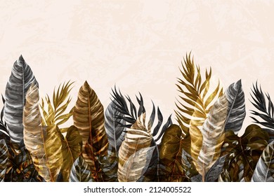 Border with gold tropical leaves, interior wallpaper. Vector