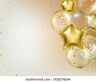 Border With Golden Balloons And Confetti With Gradient Mesh, Vector Illustration