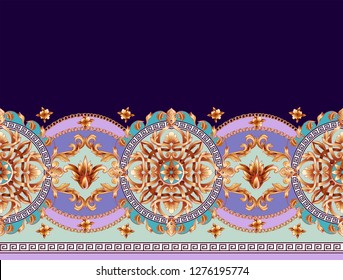 Border with golden baroque elements on a vivid background. 