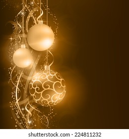 Border with golden, desaturated Christmas balls hanging over a golden wavy pattern with stars and snow flakes on a dark brown background. Vivid and festive for the Christmas season to come.