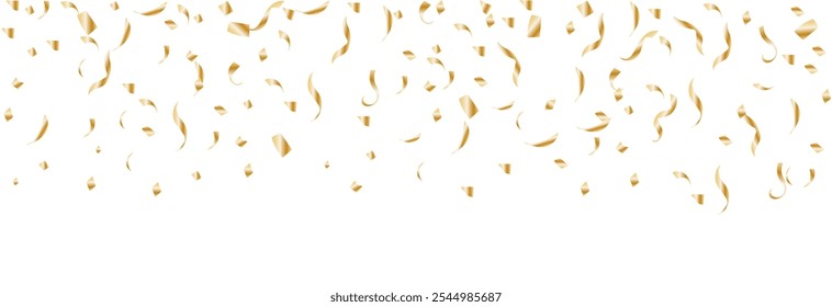 Border with golden falling confetti and a streamers . Background with glitter confetti for party celebration. Luxury sparkling confetti. Falling gold glitter. Dust golden sparks.