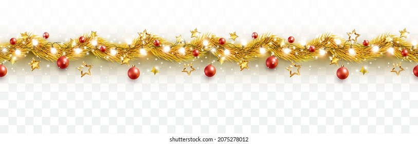 Border with golden fir branches, gold stars, red balls, lights isolated on transparent background. Pine, xmas plants seamless banner. Vector holiday Christmas tree garland decoration