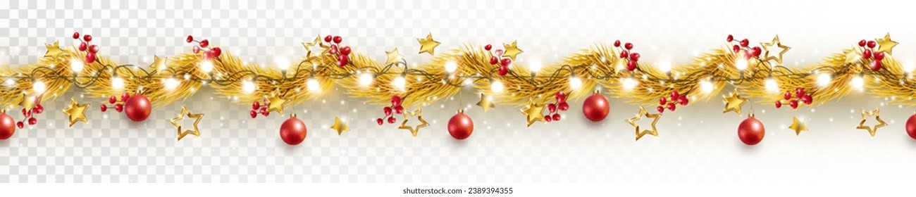 Border with golden fir branches, gold stars, red balls, berries, lights isolated on transparent background. Pine, xmas plants seamless banner. Vector holiday Christmas tree garland decoration