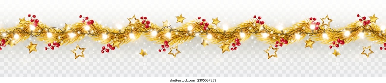 Border with golden fir branches, gold stars, red berries, lights isolated on transparent background. Pine, xmas plants seamless banner. Vector holiday Christmas tree garland decoration