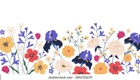 Grenze von prächtigen Frühlingsblumen. Hintergrund mit iIren, Kampomilen, Rosen, Anemonen und Chrysanthemen. Florale flache Vektorgrafik einzeln auf weißem Hintergrund