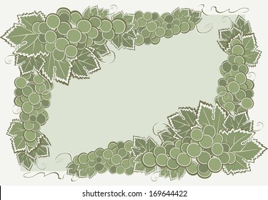 Border with grape. Illustration with two bunches of grapes in corners of decorative border. Soft colors. Copy space. Vector elements are grouped. 