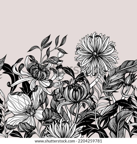 Border with graphic flowers and leaves. Vector