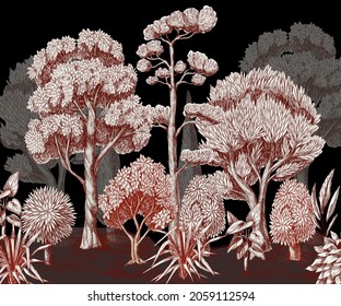 Border with graphic trees and bushes. Interior print