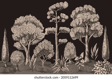 Border with graphic trees and bushes. Interior print