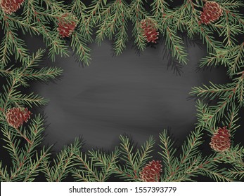 Border of green Christmas tree branches and pine cones on a black background. Vector illustration