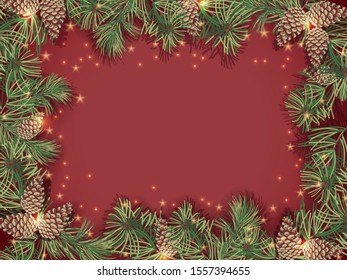 Border of green Christmas tree branches and pine cones on red background. Sparkling holiday lights and shining stars scattered. Vector illustration