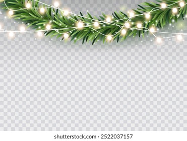 Border with green fir branch, lights isolated on transparent background. Pine, xmas evergreen plant banner. Vector Christmas tree garland decoration