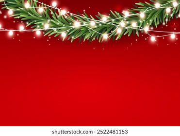 Border with green fir branch and lights on red background. Pine, xmas evergreen plants banner. Vector Christmas tree garland decoration