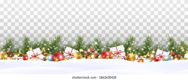Border with green fir branches, balls, stars, lights isolated on transparent background. Pine, xmas evergreen plants seamless banner. Vector Christmas tree garland and snow decoration pattern