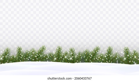 Border with green fir branches, falling snowflakes, snowdrifts isolated on transparent background. Pine, xmas evergreen plants seamless banner. Vector Christmas tree garland and snow drifts pattern