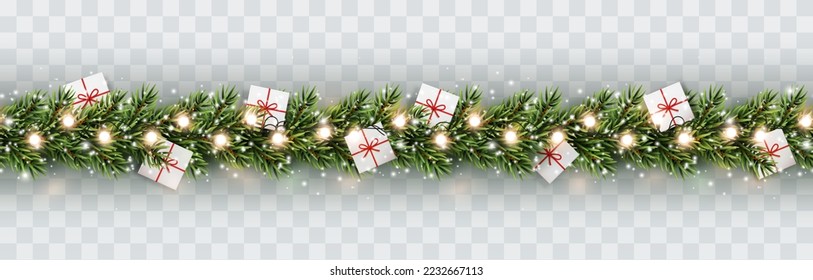 Borde con ramas verdes de abeto, cajas de regalo, copos de nieve y luces aisladas en fondo transparente. Pine, xmas plantas evergreen banner sin costura. Árbol vectorial de Navidad y decoración de jardines
