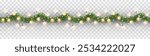 Border with green fir branches, gold lights isolated on transparent background. Pine, xmas evergreen plants seamless banner. Vector Christmas tree garland decoration