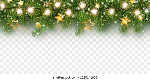Border With Green Fir Branches, Gold Stars, Snow And Lights Isolated On Transparent Background. Pine, Xmas Evergreen Plants Banner. Vector Christmas Tree Seamless Garland