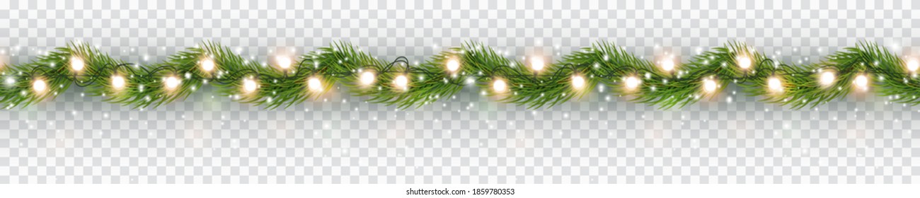 Borde con ramas de abetos verdes, luces de oro aisladas en un fondo transparente. Pine, xmas plantas evergreen banner sin costura. Decoración vectorial de árboles de Navidad