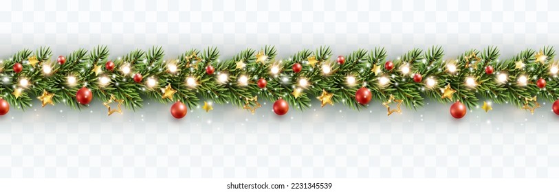 Border with green fir branches, gold stars, red balls, lights isolated on transparent background. Pine, xmas evergreen plants seamless banner. Vector Christmas tree garland decoration