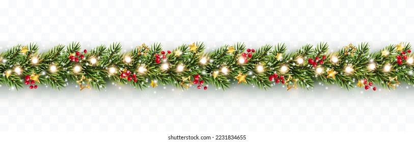 Border with green fir branches, gold stars, red berries, lights isolated on transparent background. Pine, xmas evergreen plants seamless banner. Vector Christmas tree garland decoration