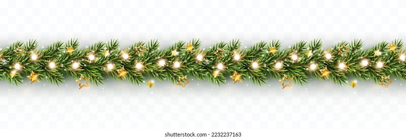 Border with green fir branches, gold stars, lights isolated on transparent background. Pine, xmas evergreen plants seamless banner. Vector Christmas tree garland decoration