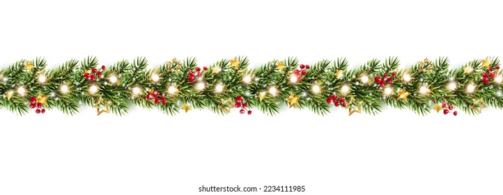 Border with green fir branches, gold stars, red berries, lights isolated on white background. Pine, xmas evergreen plants seamless banner. Vector Christmas tree garland decoration