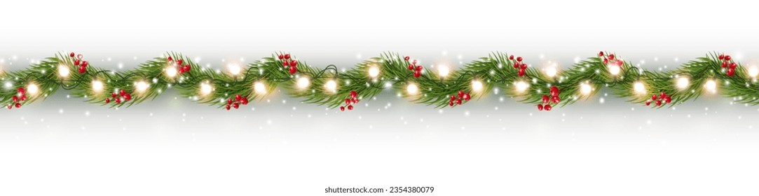 Border with green fir branches, gold lights and red berries isolated on white background. Pine, xmas evergreen plants seamless banner. Vector Christmas tree garland decoration