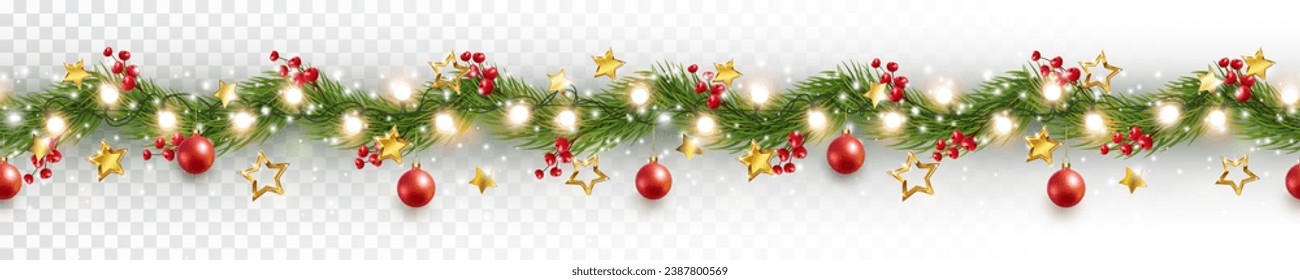 Border with green fir branches, gold stars, red balls, lights isolated on transparent background. Pine, xmas evergreen plants seamless banner. Vector Christmas tree garland decoration