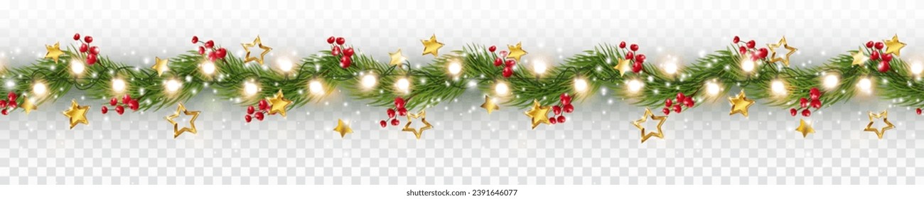 Border with green fir branches, gold stars, red berries, lights isolated on transparent background. Pine, xmas evergreen plants seamless banner. Vector Christmas tree garland decoration