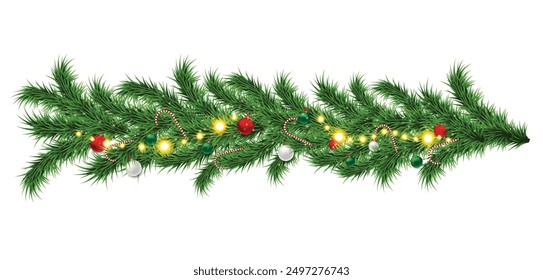 Border with green fir branches, gold lights and red berries isolated. Pine, xmas evergreen plants seamless banner. Vector Christmas tree garland decoration. Vector string garland decor