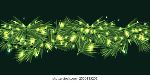 Border with green fir branches, gold stars, lights isolated on Green background. Pine, xmas evergreen plants seamless banner.