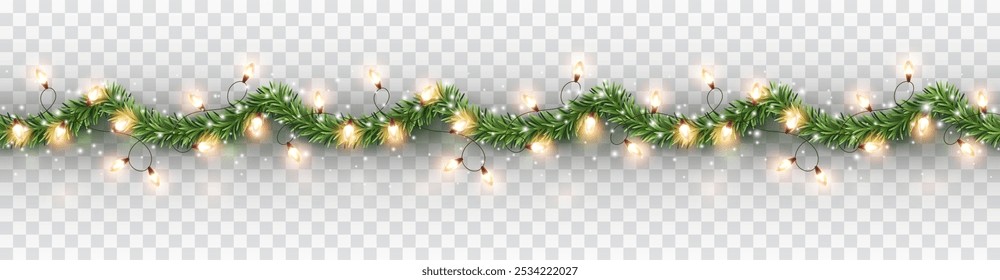 Border with green fir branches, gold lights isolated on transparent background. Pine, xmas evergreen plants seamless banner. Vector Christmas tree garland decoration