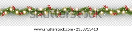 Border with green fir branches, gold lights and red berries isolated on transparent background. Pine, xmas evergreen plants seamless banner. Vector Christmas tree garland decoration