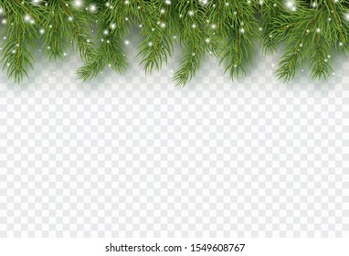 Border With Green Fir Branches Isolated On Transparent Background. Pine, Xmas Evergreen Plants Banner. Vector Snow Christmas Tree Border.
