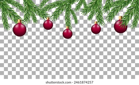 Border with green fir branches,  isolated on transparent background. Pine, xmas evergreen plants  Vector Christmas tree garland decoration