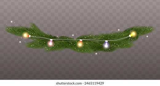 Border with green fir branches, lights isolated on transparent background. Bulb lamp on red ribbon for the new year. Pine, xmas evergreen plants. Vector Christmas tree garland decoration