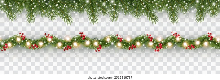 Border with green fir branches, lights isolated on transparent background. Pine, xmas evergreen plants banners. Vector snow Christmas tree garland set