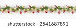 Border with green fir branches, red balls, berries, gold lights and stars isolated on transparent background. Pine, xmas evergreen plants seamless banner. Vector Christmas tree garland decoration