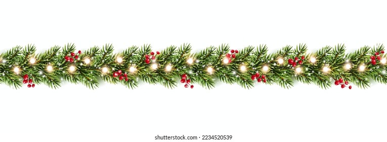 Borde con ramas verdes de abeto, bayas rojas, nieve, luces aisladas en fondo blanco. Pine, xmas plantas evergreen banner sin costura. Decoración vectorial de árboles de Navidad