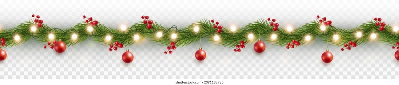 Border with green fir branches, red balls, gold lights isolated on transparent background. Pine, xmas evergreen plants seamless banner. Vector Christmas tree garland decoration