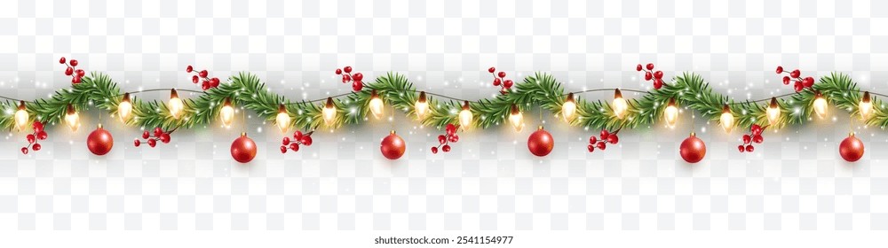 Borde con ramas de abeto verde, bolas rojas, bayas, luces de oro aisladas sobre fondo transparente. Pino, plantas de hoja perenne de Navidad Anuncio sin costuras. Decoración de la guirnalda del árbol de navidad del Vector