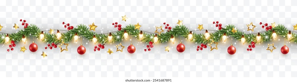 Border with green fir branches, red balls, berries, gold lights and stars isolated on transparent background. Pine, xmas evergreen plants seamless banner. Vector Christmas tree garland decoration