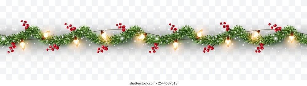 Borde con ramas de abeto verde, bayas rojas, luces de oro aisladas sobre fondo transparente. Pino, plantas de hoja perenne de Navidad Anuncio sin costuras. Decoración de la guirnalda del árbol de navidad del Vector