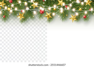 Border with green fir branches, red balls, gold lights and golden stars isolated on transparent background. Pine, xmas evergreen plants banner. Vector Christmas tree garland decoration
