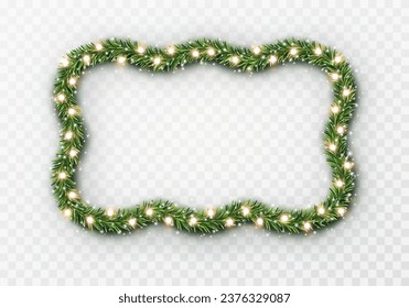 Border with green fir branches, snow and gold lights isolated on transparent background. Pine, xmas evergreen plants frame or banner. Vector Christmas tree garland decoration
