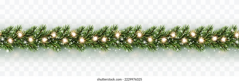 Border with green fir branches, snowflakes and lights isolated on transparent background. Pine, xmas evergreen plants banner. Vector Christmas tree and garland decoration template