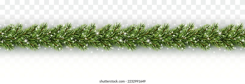 Border with green fir branches, snowflakes isolated on transparent background. Pine, xmas evergreen plants banner. Vector Christmas tree snow garland decoration template